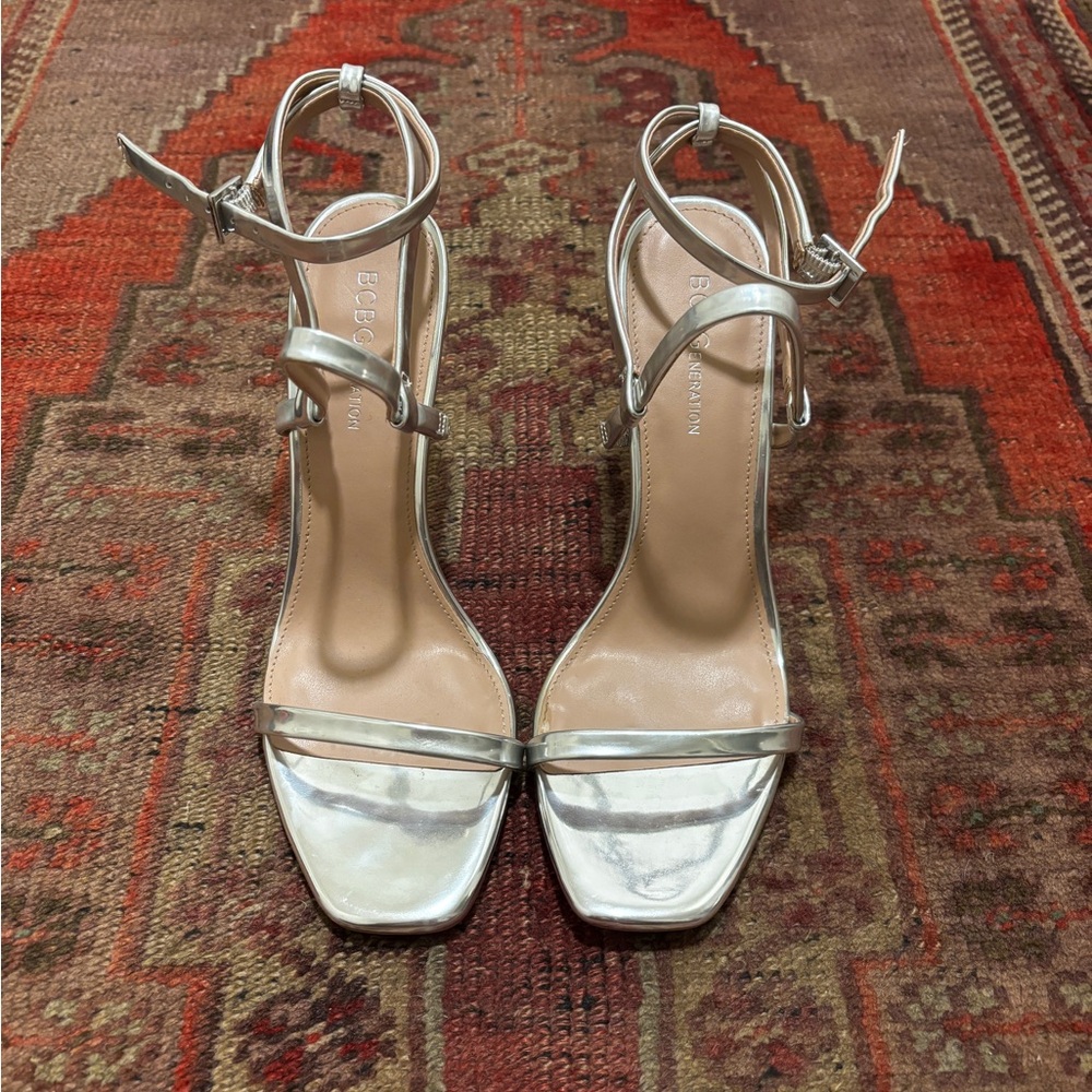 BCBGeneration Ivanna Metallic Silver Strappy Heels